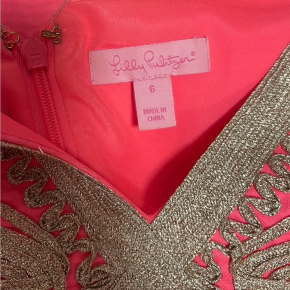lilly pulitzer Junie Shift Dress Coral Reef neon pink gold deep v neck preppy - Picture 3 of 6